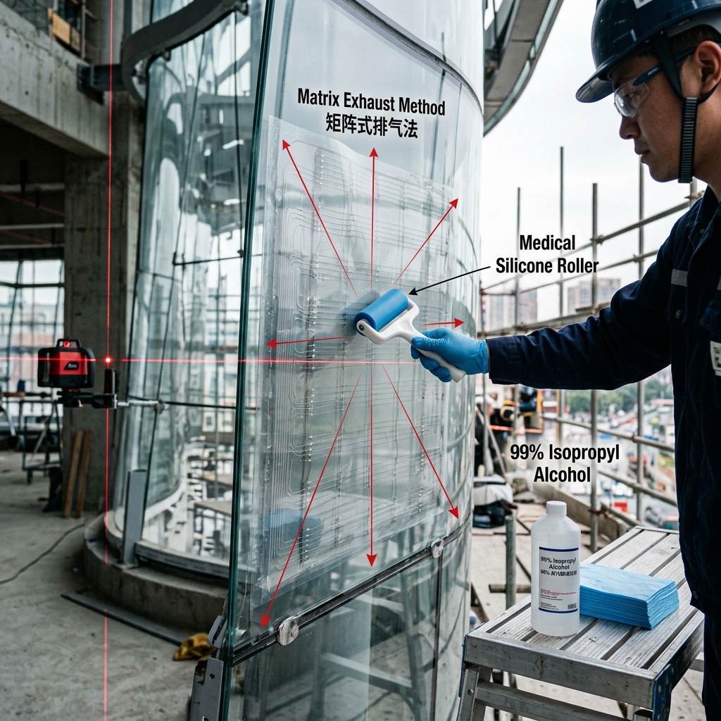 专业技术人员使用医用级硅胶软滚筒，采用矩阵式排气法在波浪形玻璃幕墙上安装柔性晶膜屏，确保无气泡贴合。