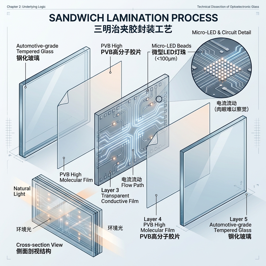 光电玻璃“三明治夹胶封装工艺”技术拆解图，展示汽车级钢化玻璃、带有微型LED灯珠的透明导电膜和PVB高分子胶片层，标注“Micro-LED Beads”、“Transparent Conductive Film”和“Sandwich Lamination Process”。