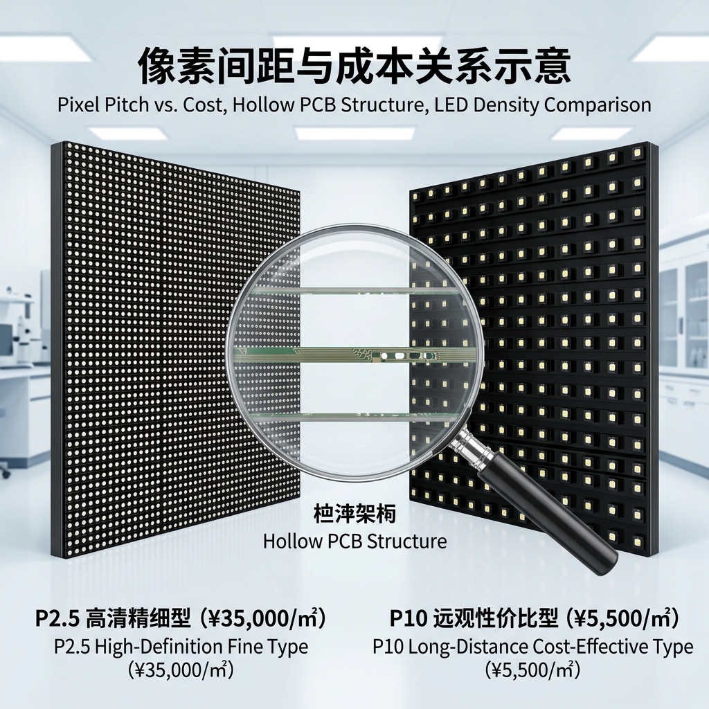 室内LED全息屏像素间距与成本关系示意图，对比P2.5和P10屏幕的灯珠密度与价格，并展示镂空PCB板结构。
