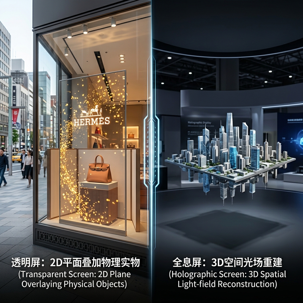 2026全息屏与透明屏对比图：透明屏在奢侈品橱窗中显示2D内容叠加实体商品，全息屏在展厅中悬浮展示3D城市模型，展示两者在成像逻辑和应用场景上的核心差异。