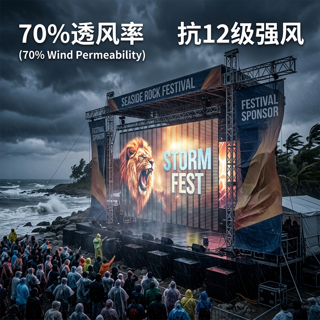 舞台演艺LED网格屏在户外极端天气（如12级狂风）下的抗风表现，展示其70%高透风率的镂空结构如何确保舞台安全。