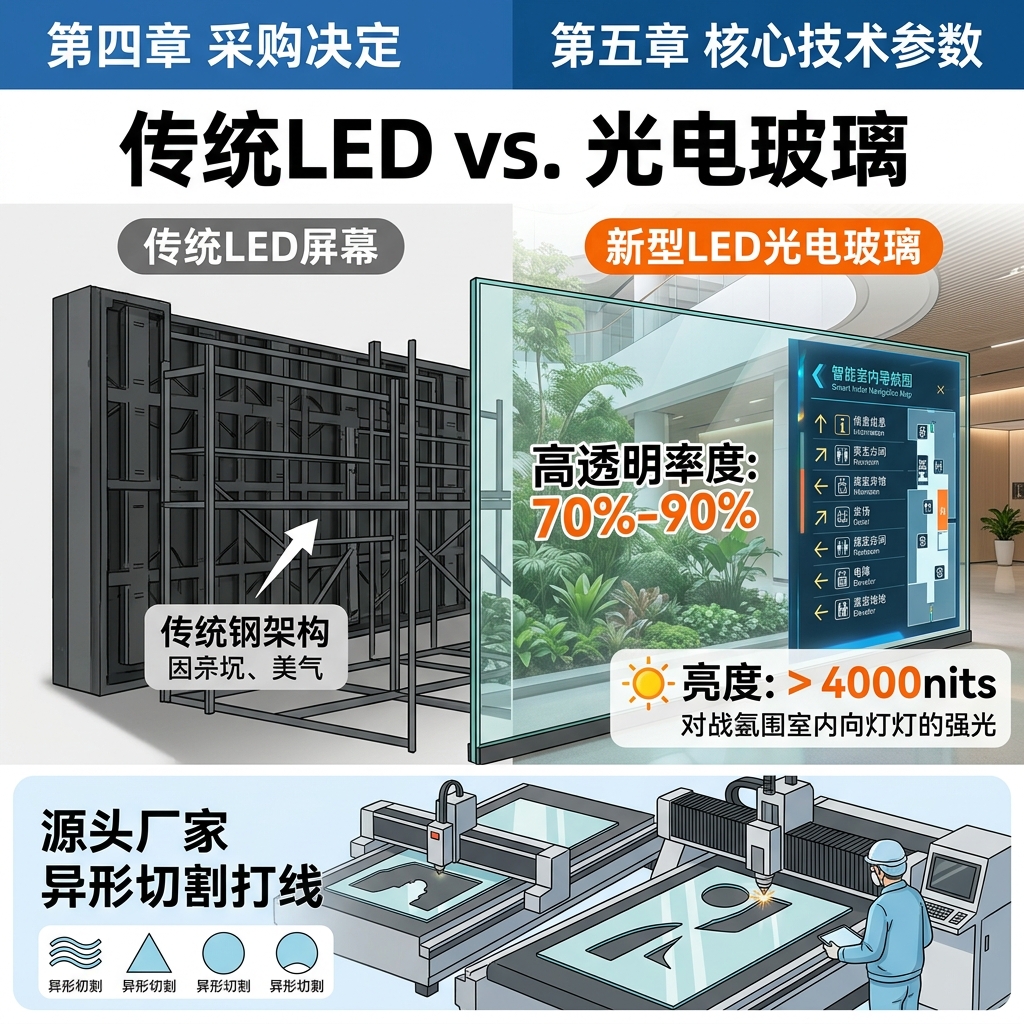 传统LED大屏与新型LED光电玻璃对比图。左侧传统LED厚重不透光，右侧光电玻璃纤薄高透，显示智慧导览地图并标注“70%-90%通透率”、“Brightness > 4000 nits”和“Traditional LED vs. Photoelectric Glass”。