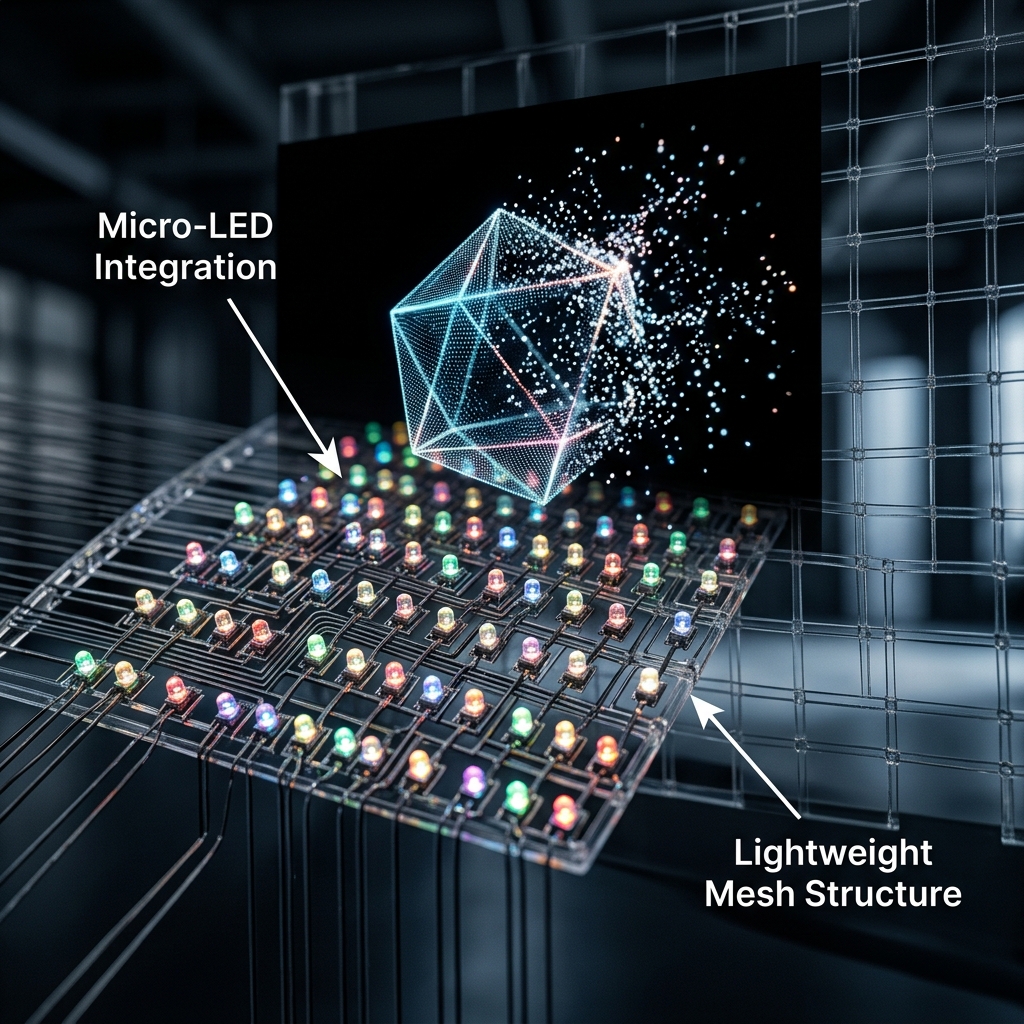 LED全息屏内部微距透视图，展示轻量化网格结构（Lightweight Mesh Structure）和微型LED集成（Micro-LED Integration），播放黑底内容（Black Background Content）和粒子拆解动画，解释其透明与显示原理。