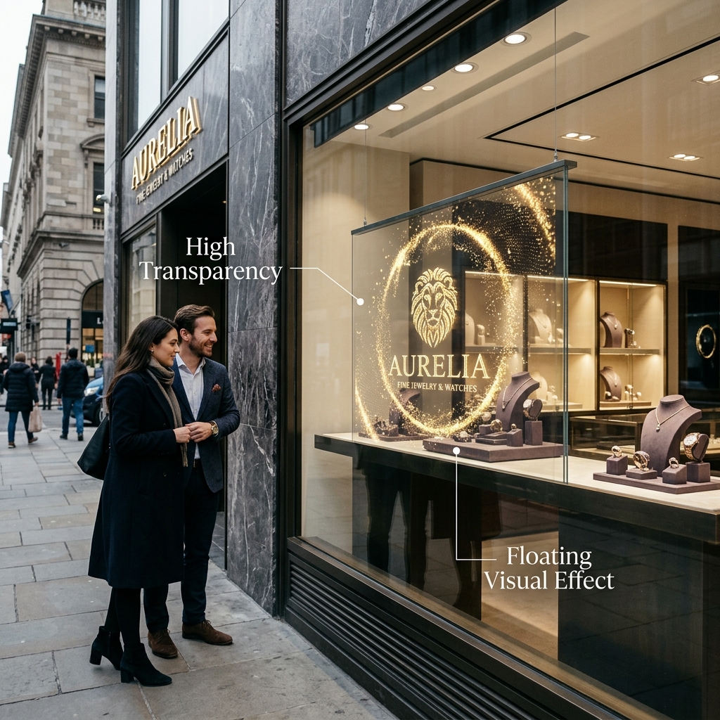 高端零售橱窗LED全息屏，展示金色粒子构成的3D品牌Logo，强调高透明度（High Transparency）和悬浮视觉效果（Floating Visual Effect）。