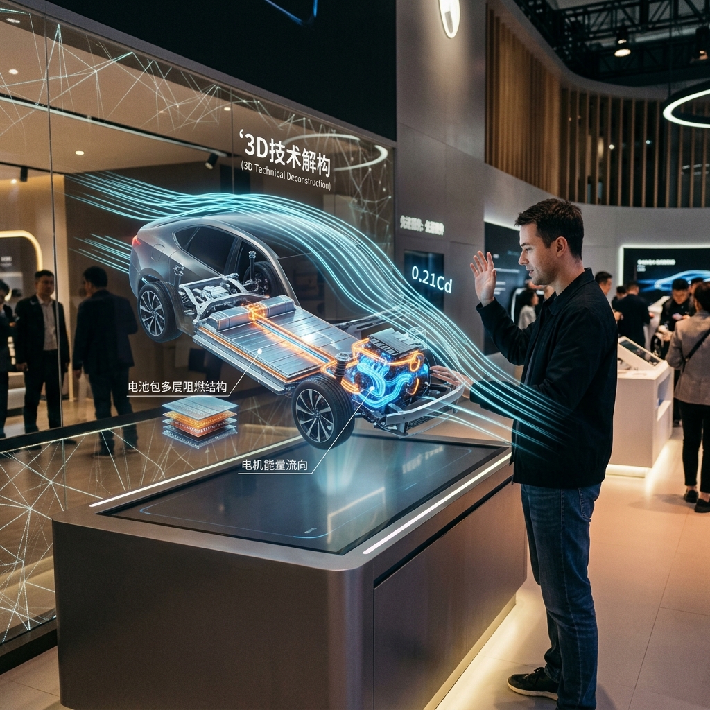 顾客挥手操作，虚拟汽车全息解体，3D动画展示电池包结构与电机能量流向，实现硬核参数的沉浸式视觉翻译