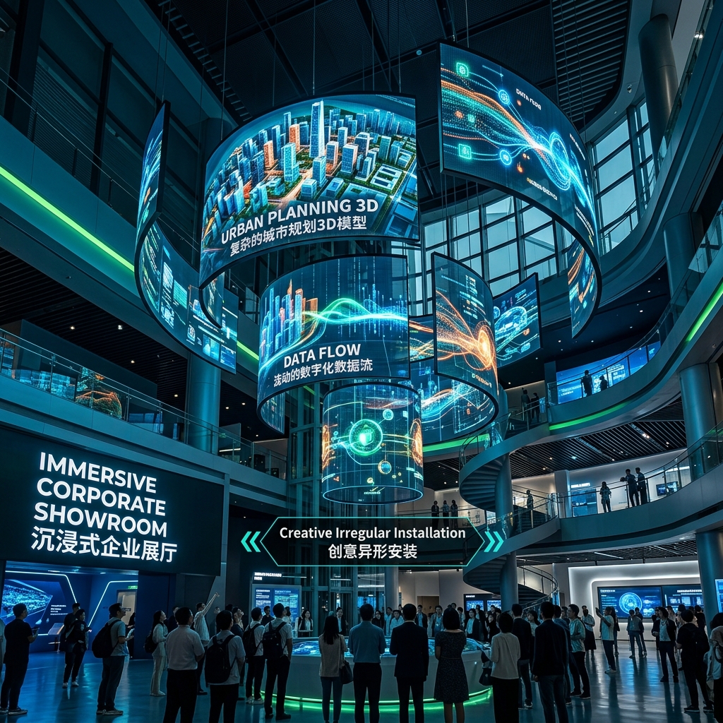 科技公司展厅内，一组异形定制（Customized Irregular Shape）的LED全息屏呈圆柱形或弧形悬挂，展示城市规划3D模型和数据流，体现其在沉浸式企业展厅（Immersive Corporate Showroom）和创意异形安装（Creative Irregular Installation）中的应用。