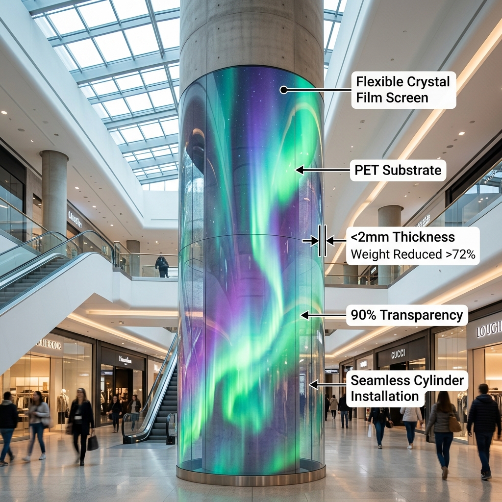 高端商场中庭圆柱体上完美贴合的柔性晶膜屏，厚度小于2毫米，透光率高达90%，实现无钢架无痕安装。