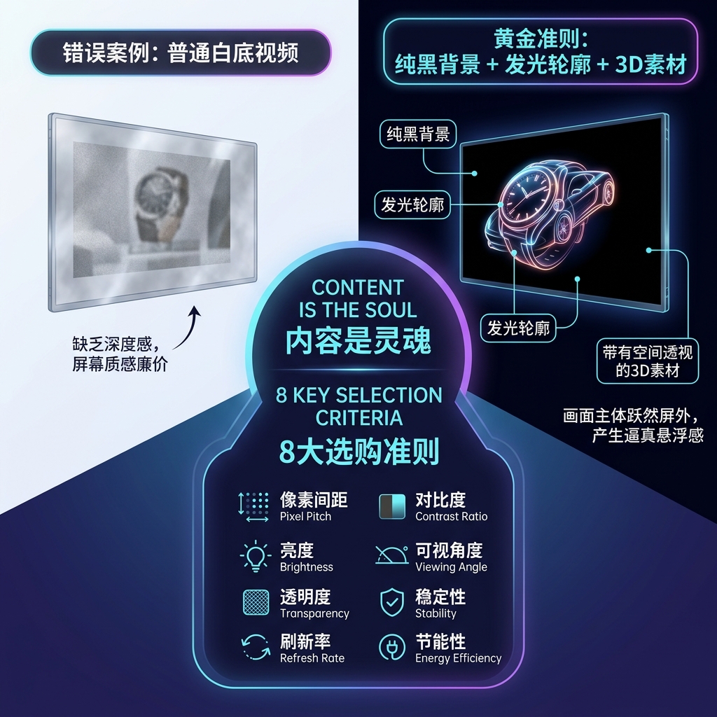 LED全息屏内容制作与选购准则对比图：左侧为错误示例（白底内容，缺乏立体感），右侧为推荐方案（纯黑背景、发光轮廓和空间透视3D素材），强调“内容是灵魂”（Content is the Soul）和“8大选购准则”（8 Key Selection Criteria）。