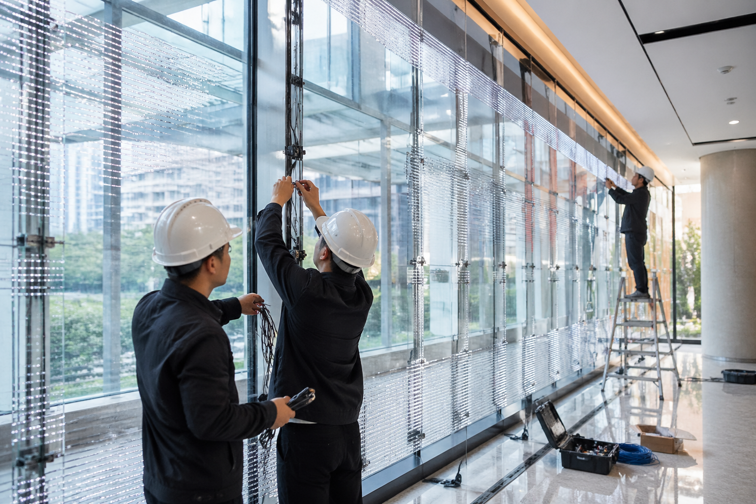 LED晶膜屏安装与布线施工场景图