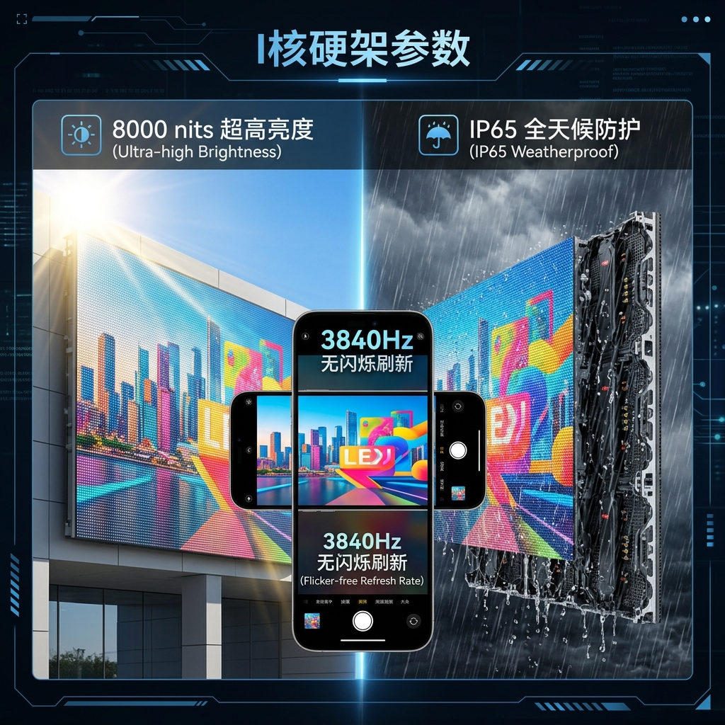 舞台演艺LED网格屏的核心采购指标，图示其在强光下8000 nits超高亮度、拍摄无水波纹的3840Hz高刷新率，以及暴雨中IP65全天候防护的卓越性能。