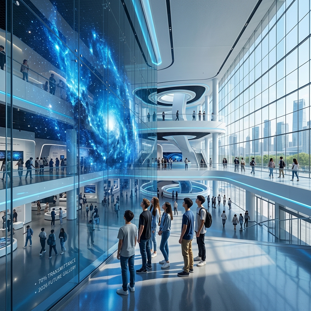 2026未来智慧科技馆中庭，LED光电玻璃隔断墙高透光率显示宇宙星系动态，数字原生代青少年沉浸其中，标注“70% Transmittance”和“2026 Future Gallery”。