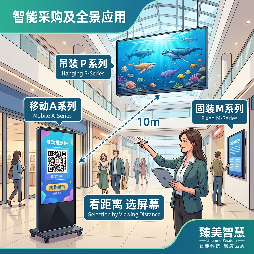 臻美智慧全场景LED全息屏应用示意图，展示吊装P系列、移动A系列和固装M系列产品，并强调根据观看距离选择屏幕的智能采购策略。