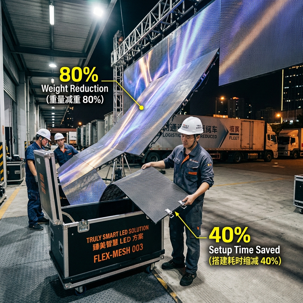 舞台演艺LED网格屏在巡回演出中的快速搭建与拆装流程，展示其从定制航空箱中展开的柔性轻量化特性，以及搭建耗时缩减40%和重量减重80%的优势。