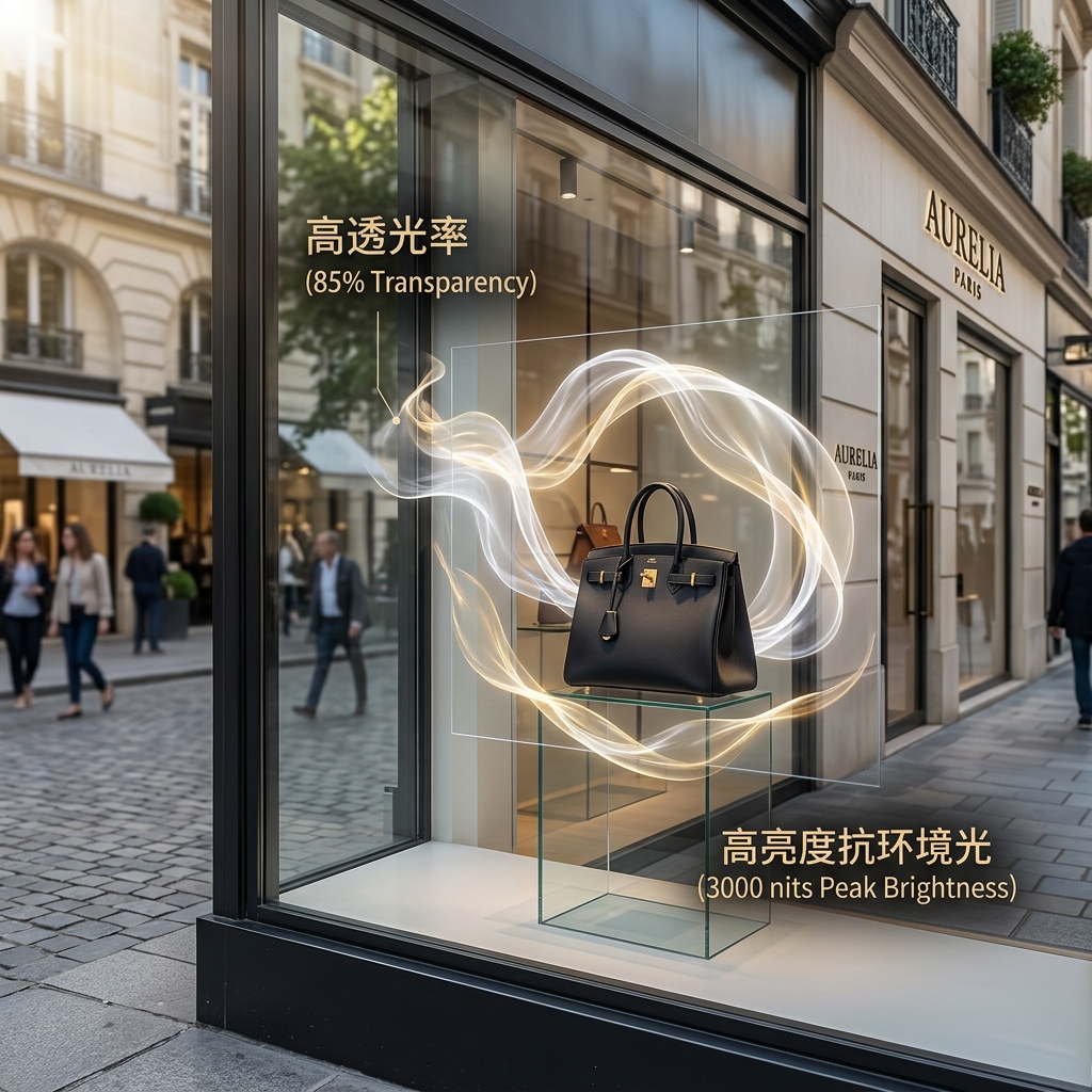 高端零售橱窗中应用的Micro-LED透明屏，展示动态UI动效环绕限量版手提包，屏幕拥有85%高透光率和3000nits高亮度，即使在强光下也保持清晰，解决了采光与展示冲突。