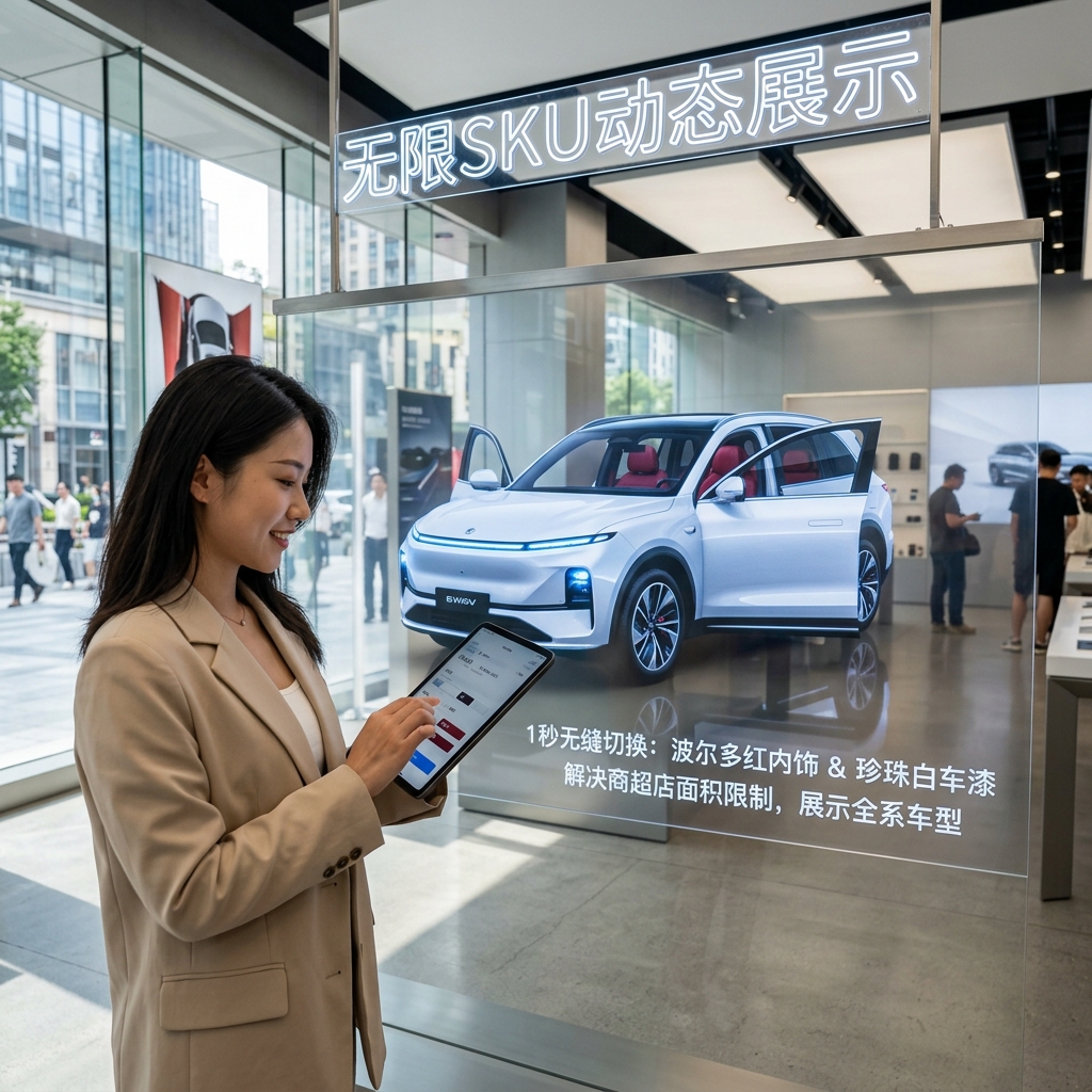 顾客通过iPad交互，透明屏上的全息车模瞬时切换“波尔多红”内饰与珍珠白车漆，实现无限SKU展示