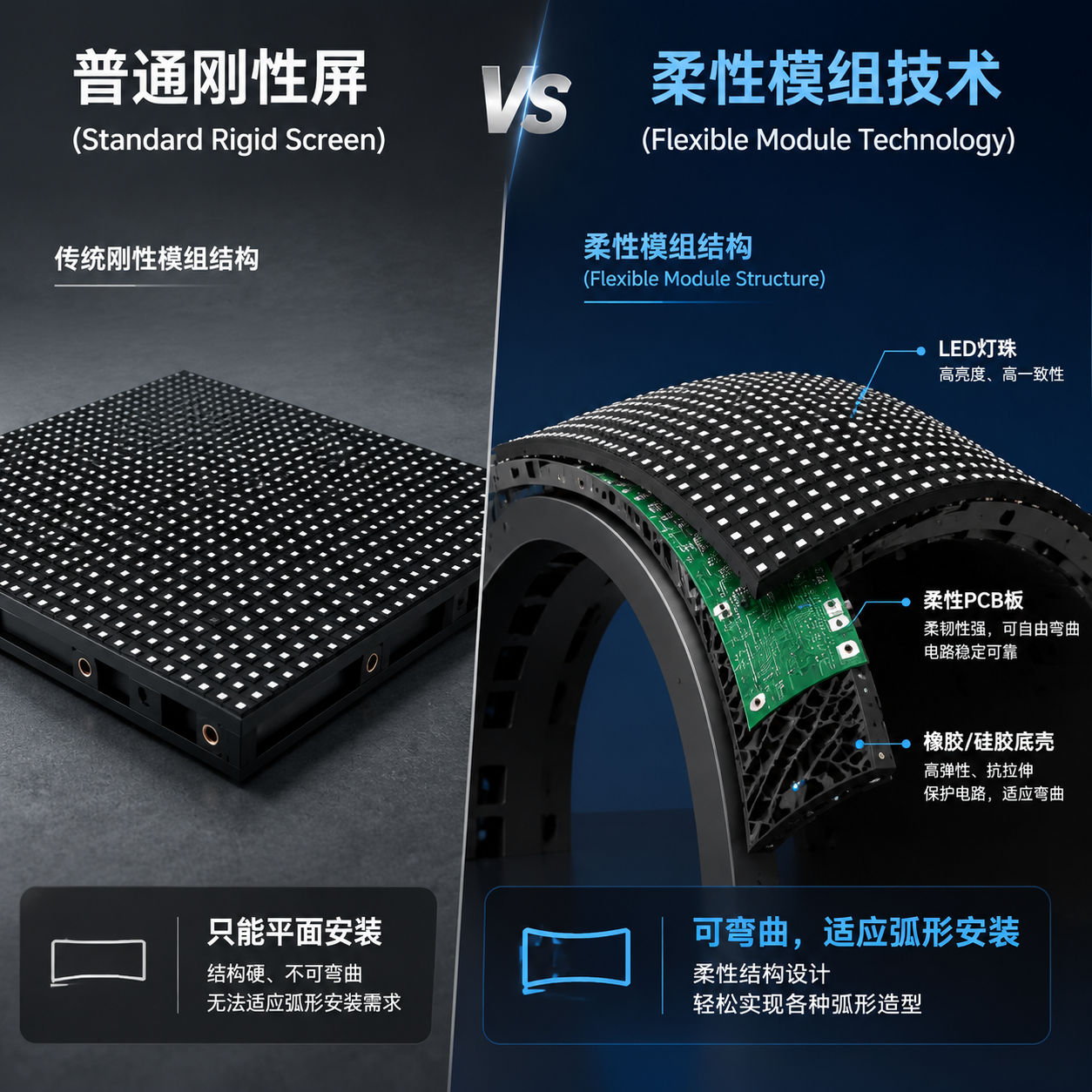 LED软屏柔性模组结构与传统刚性模组对比,展示其可弯曲原理