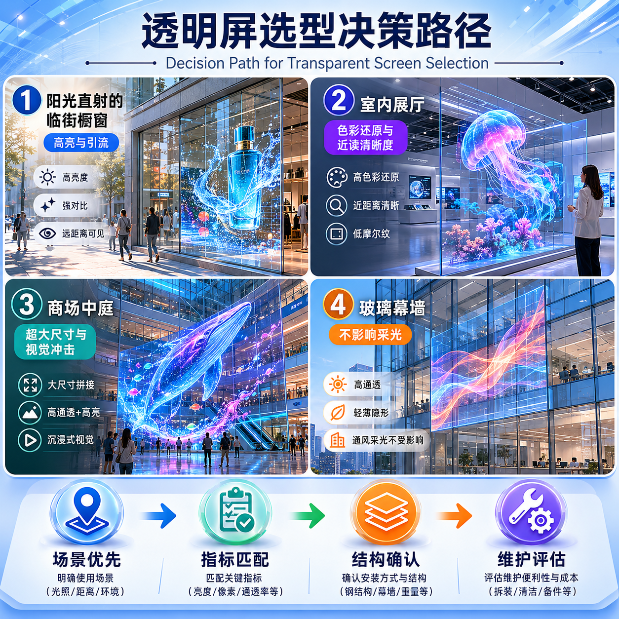 透明屏选型决策路径图，通过四个典型应用场景和简洁的评估逻辑，引导读者按步骤选择合适的透明屏方案。