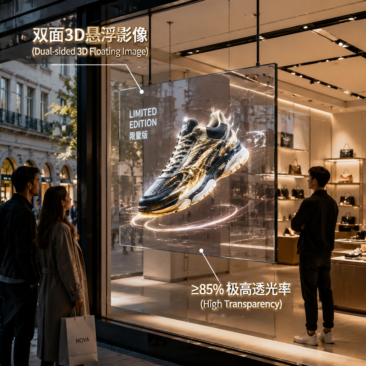双面显示全息屏在高端零售橱窗中的应用,展示其高透明度与双向3D悬浮影像,有效吸引店内外客流。