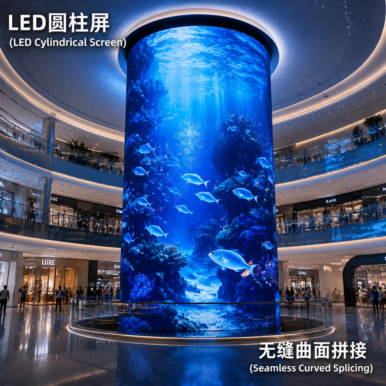 高端商场中庭的LED圆柱屏,展示LED软屏如何完美贴合圆柱结构,实现无缝曲面显示和空间包裹感