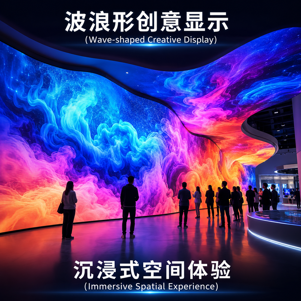 高科技展厅中的波浪形LED软屏艺术装置,展现沉浸式空间设计和流动感