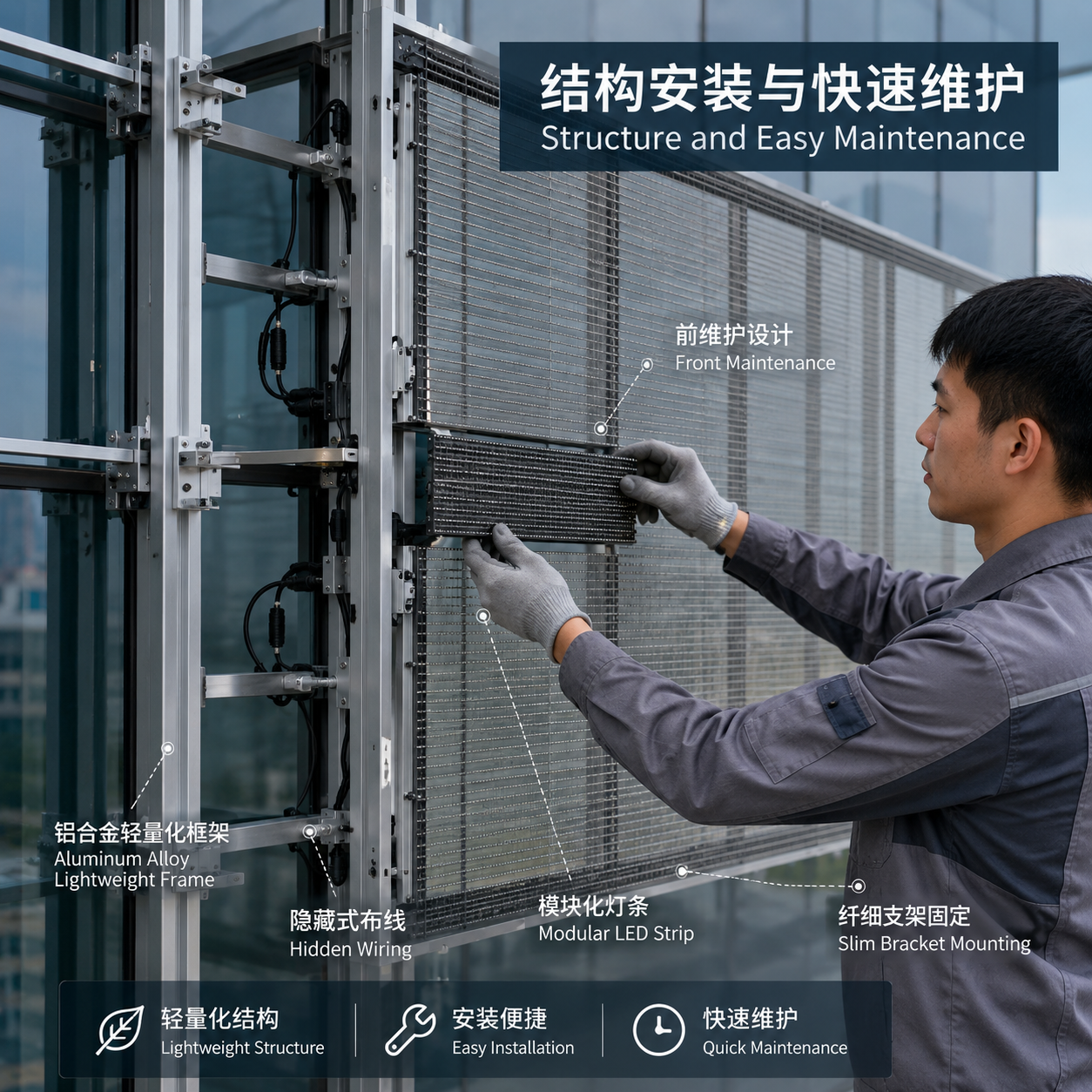 透明屏背部的铝合金边框结构轻巧，技术人员正演示前维护，轻松更换失效模块，展现便捷的安装与维护特性。