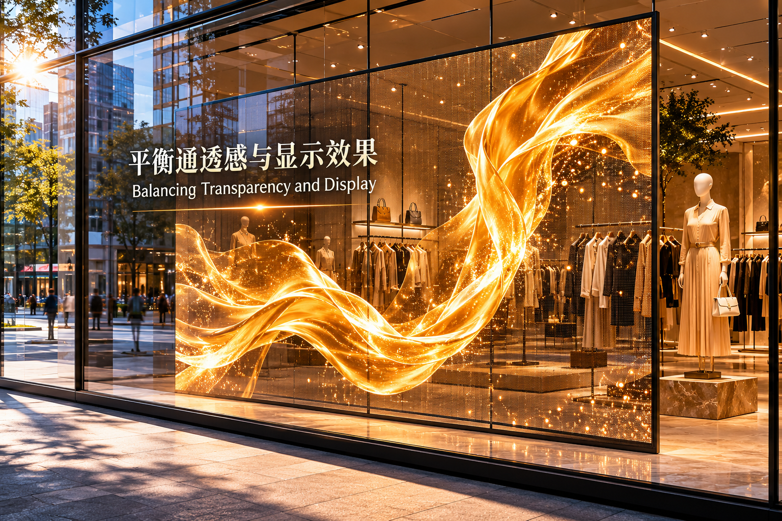 高端零售门店橱窗中的透明屏，播放动画内容的同时，清晰展现店内陈设，完美平衡了展示效果与空间通透感。