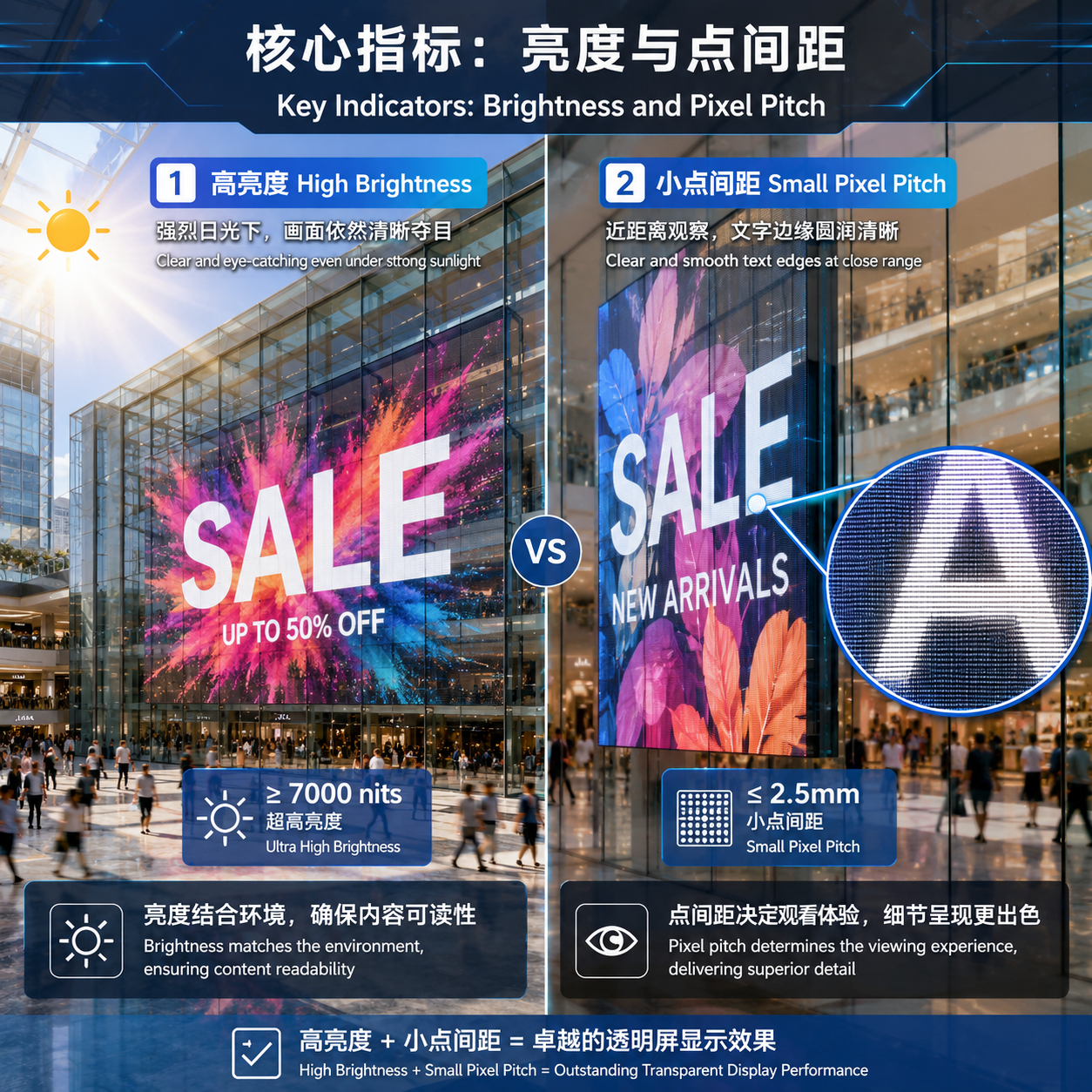 透明屏核心指标对比图：左侧展示高亮度在日光下仍能清晰显示内容，右侧特写小点间距使文字边缘圆润无颗粒感。