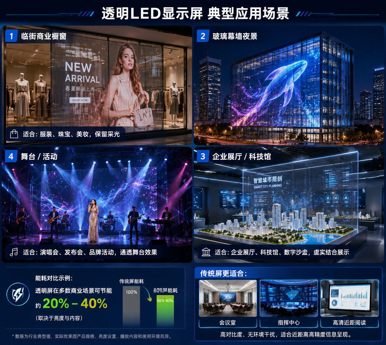 LED透明屏在商业橱窗、玻璃幕墙、企业展厅和舞台等场景的应用实例,同时提示传统屏幕的适用场景和能耗对比。