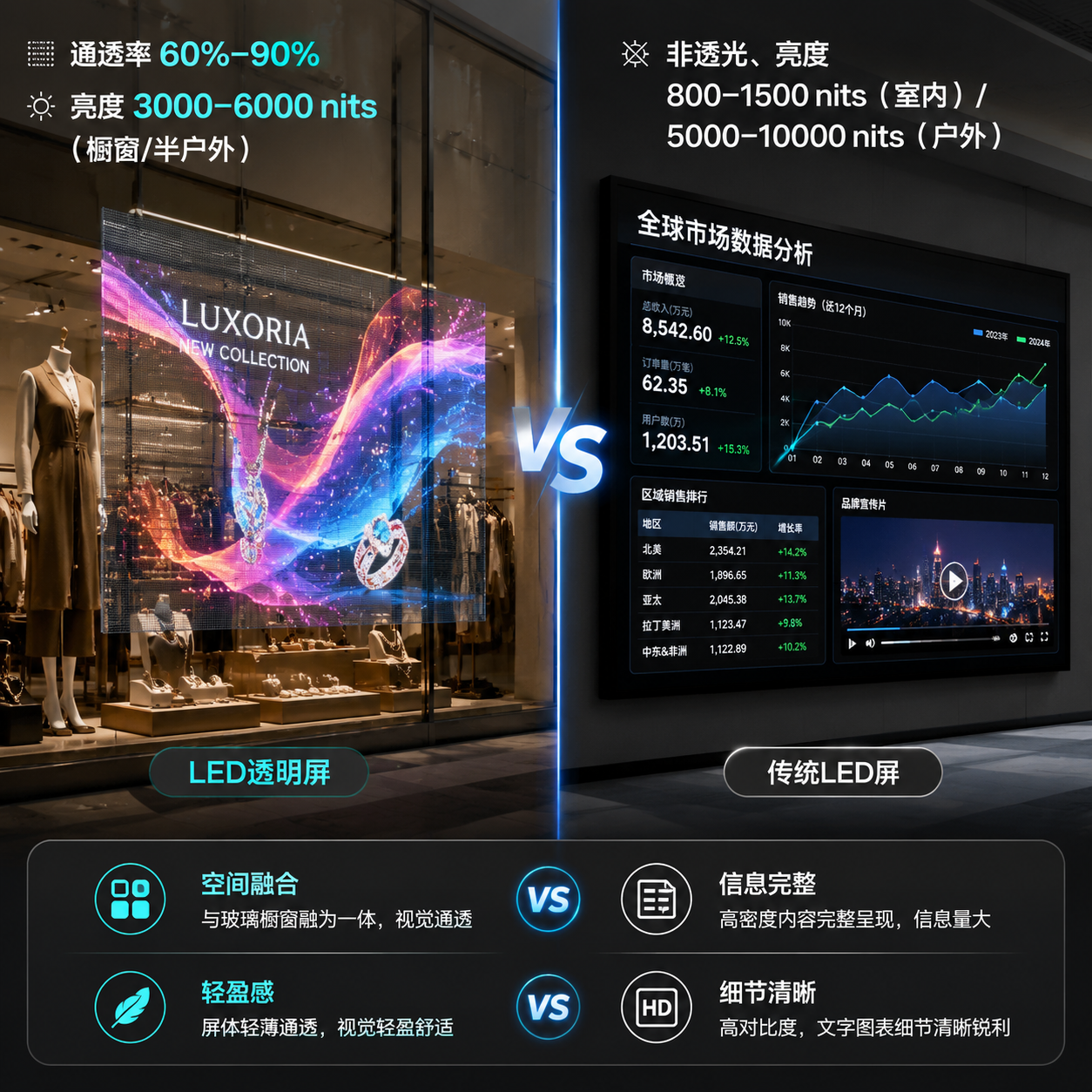 LED透明屏与传统屏幕的核心区别对比,展示透明屏的通透性与空间融合,以及传统屏的信息完整性与细节呈现。