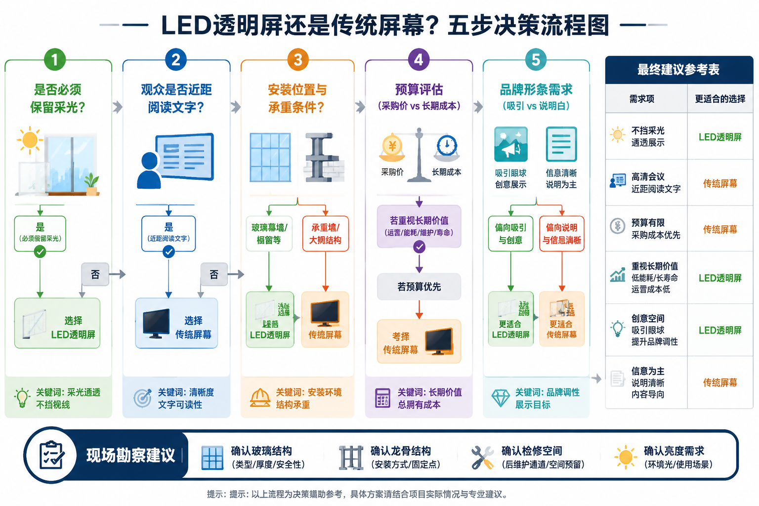 LED透明屏与传统屏幕的五步选择决策流程图,涵盖采光、观看距离、安装、预算和品牌形象等关键判断要素,并提供建议表格。