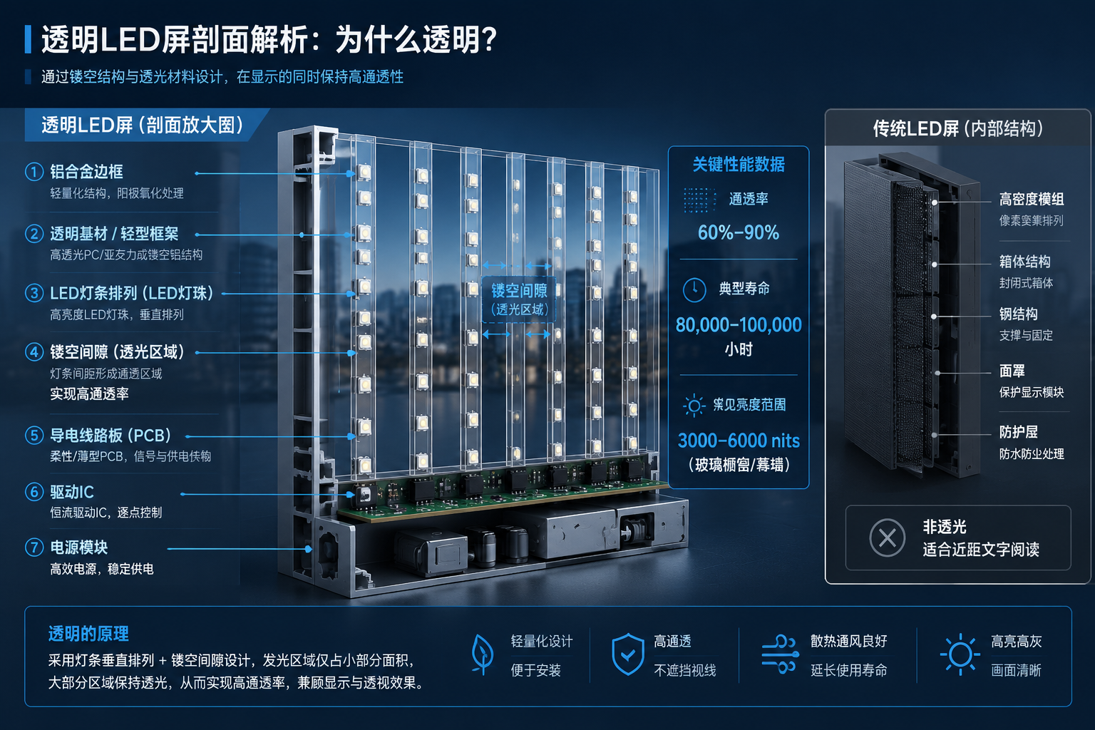 LED透明屏内部结构剖面图,展示其灯珠排列、镂空设计、透明基材等实现通透效果的原理,并与传统屏幕结构对比。