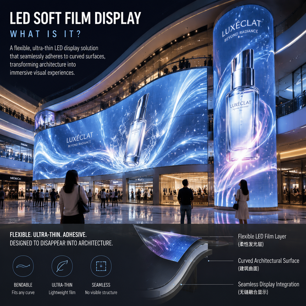 现代商场中弧形LED软膜屏包裹建筑的沉浸式商业空间