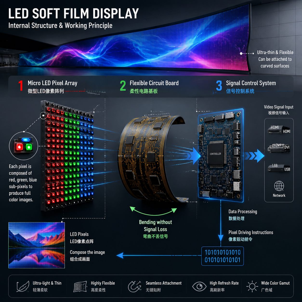 LED软膜屏内部结构与微型LED像素、柔性电路及控制系统工作原理示意