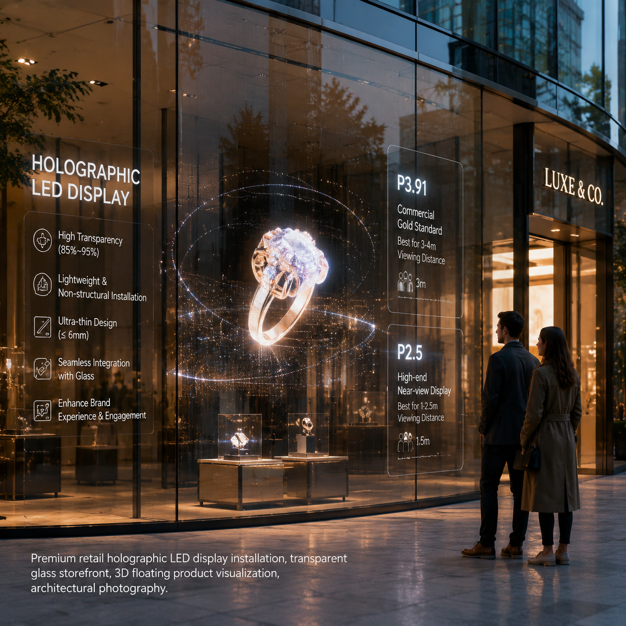 LED全息屏在高端零售店橱窗的应用实景,展示裸眼3D效果与选型建议