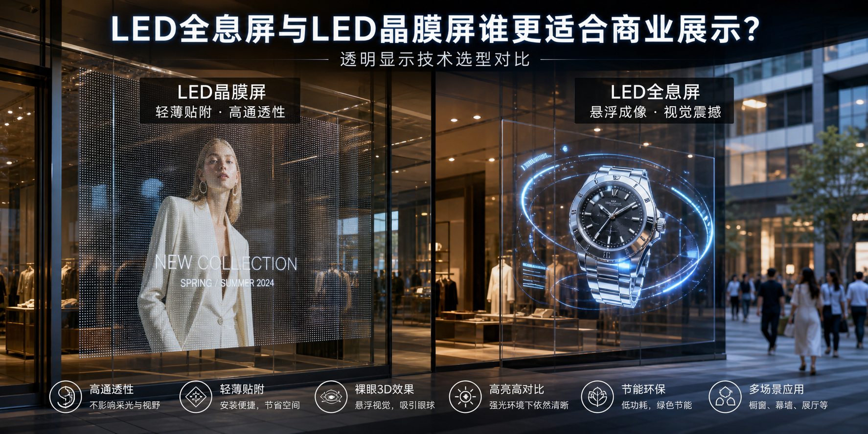 LED全息屏与LED晶膜屏在商业橱窗中的视觉对比,展示透明显示技术在高端品牌旗舰店的应用