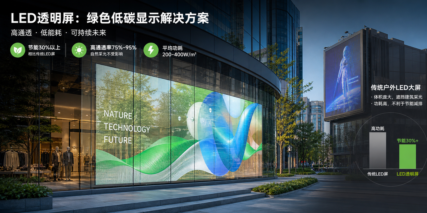 LED透明屏在现代商业街的应用场景，展示其高通透率、节能环保优势以及与传统笨重LED大屏的鲜明对比。