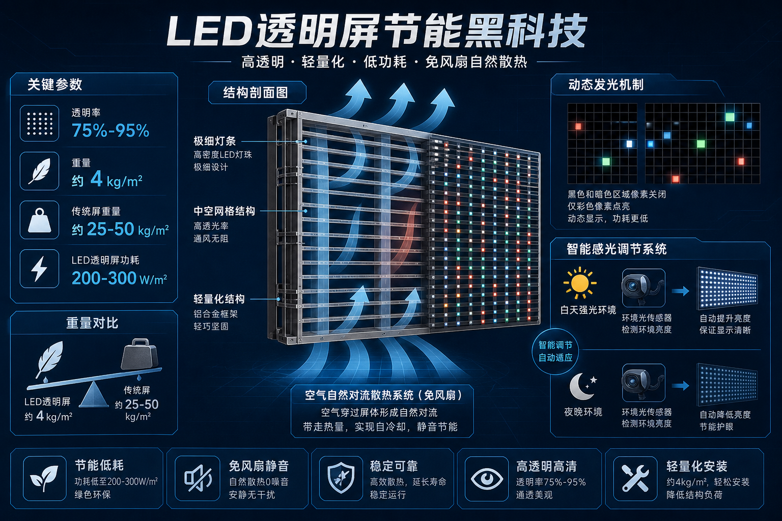 LED透明屏节能黑科技原理图，详细展示动态发光机制、自然对流散热设计及智能感光调节系统的工作原理。