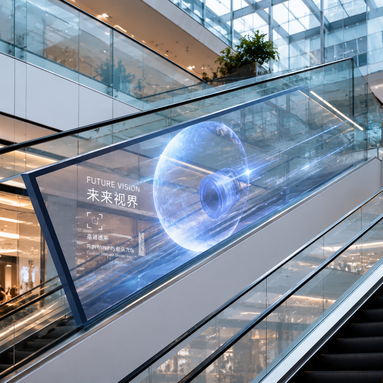 安装在现代建筑玻璃幕墙上的平行四边形透明LED显示屏,展现其与斜面建筑的完美融合与高通透视觉效果