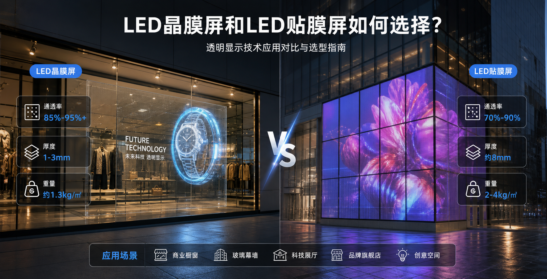 LED晶膜屏和LED贴膜屏在商业橱窗和玻璃幕墙的应用对比,展示两者在通透率、厚度和重量上的关键差异。