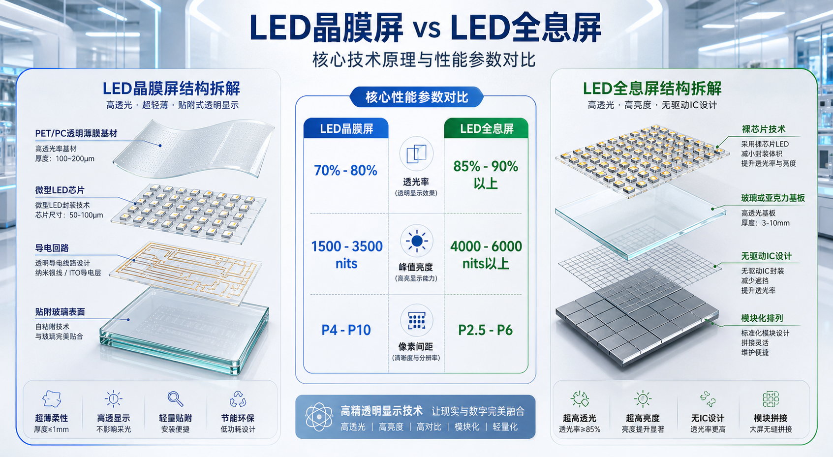LED晶膜屏与LED全息屏核心技术原理与性能参数对比图,详细展示结构差异和关键性能指标