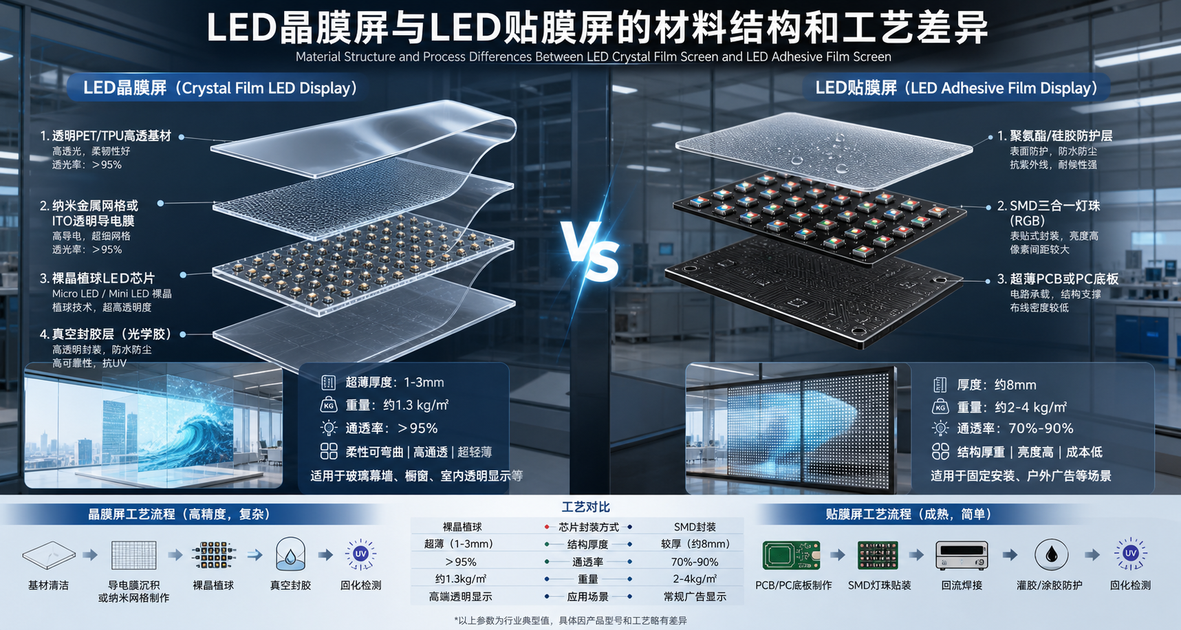 LED晶膜屏与LED贴膜屏的内部结构与工艺对比图,详细解析两种透明屏的材料层和封装方式。
