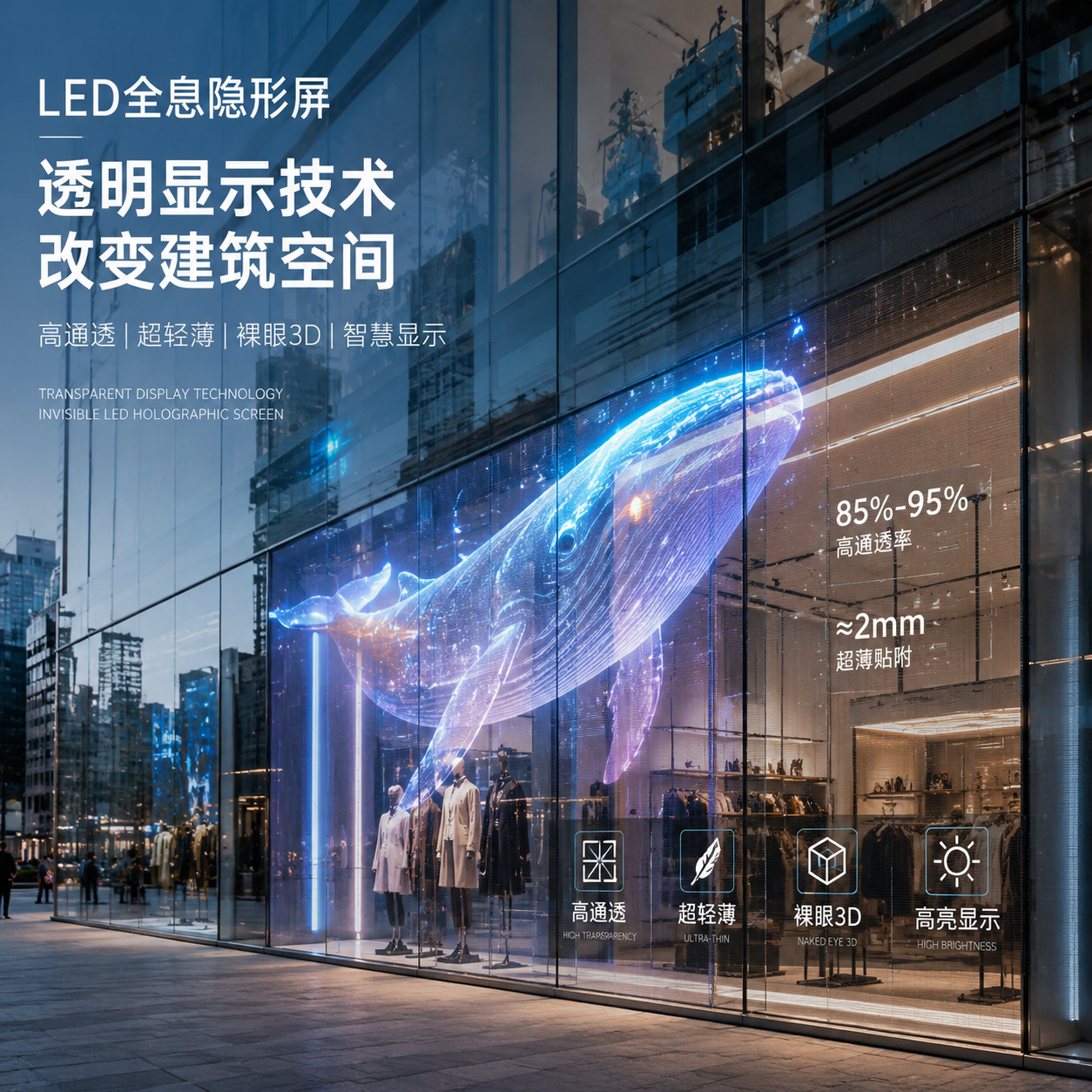 现代城市建筑玻璃幕墙与品牌旗舰店橱窗,展示LED全息隐形屏白天高通透与通电后裸眼3D显示效果