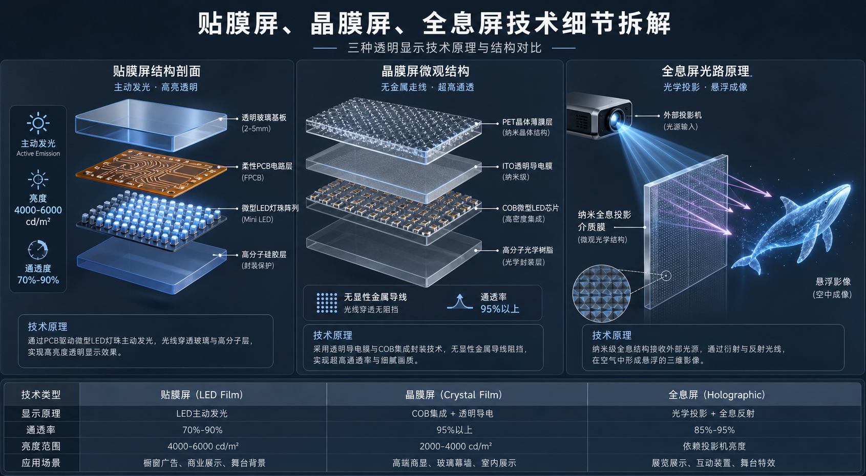 贴膜屏、晶膜屏、全息屏技术原理剖面示意图，展示其内部结构、材料构成和发光成像机制