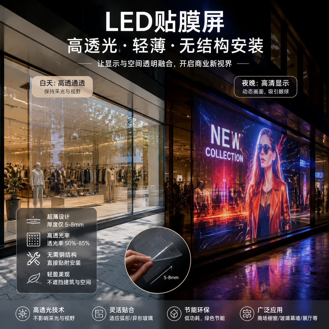 LED贴膜屏在商业橱窗中的应用,展示白天通透与夜晚动态广告的融合效果,突出其超薄、高透光、免钢结构安装的核心优势。