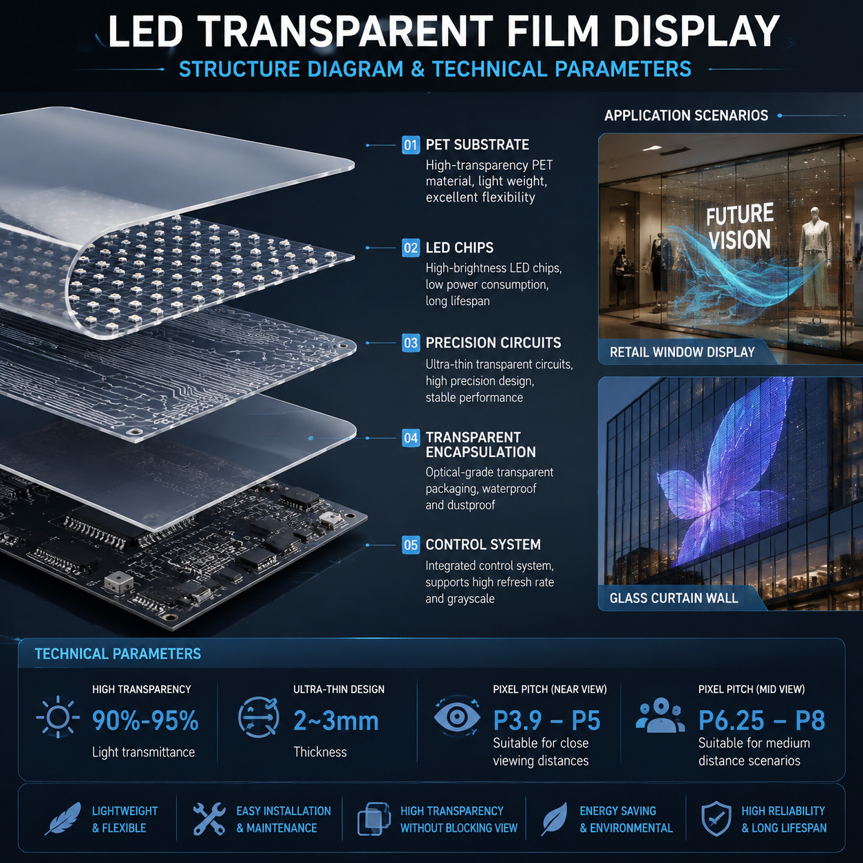 LED晶膜屏工作原理结构剖面图,PET透明基材、LED灯珠、精密线路等组件标注,透光率90%-95%、厚度2-3mm及应用场景参数信息,横版科技信息图