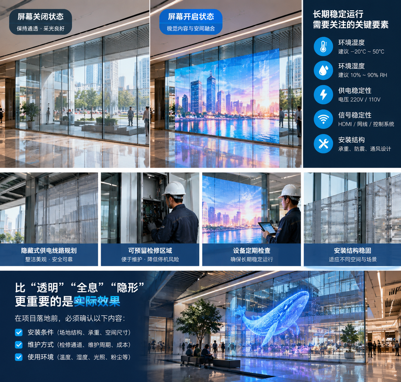 透明显示项目安装完成后的综合评估场景,涵盖维护检修与开关屏通透效果对比